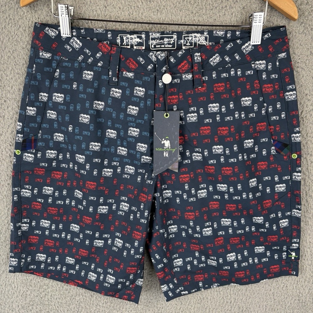 NEW William Murray Golf Shorts Mens 30 Navy Beer Can All Over Print Party Flag